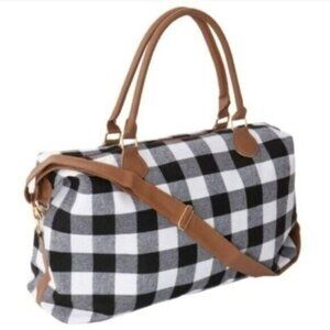 Black & White Buffalo Plaid Weekender Bag With Faux Leather Handles & Adjustable